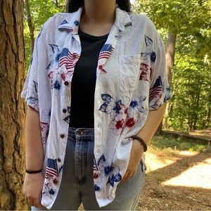 Red and Blue Floral Hawaiian Shirt, XL